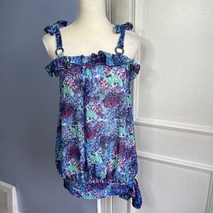 SAMSARA Tunic Top Floral Watercolor Blue Tie Strap Ruffles Flowy Women's Size 10